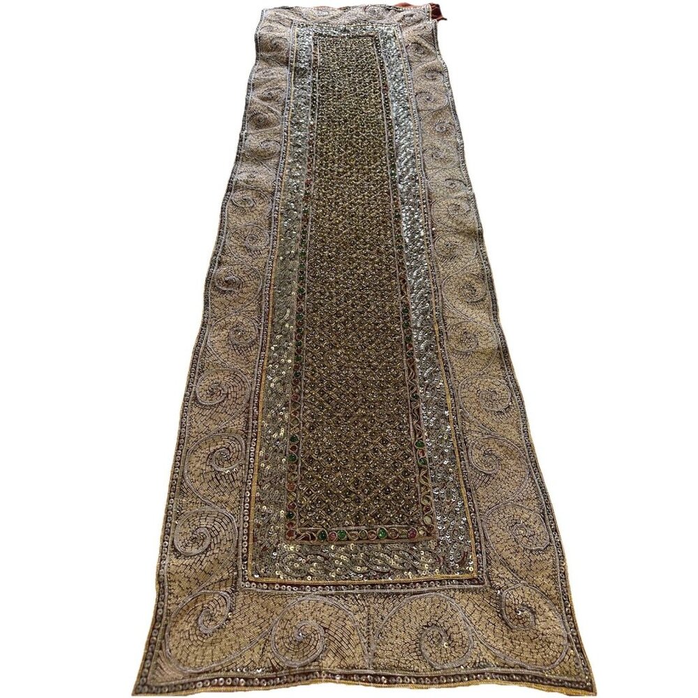 Vtg Handmade Heavily Embellished Beaded Sequin Embroidered Table Runner  Read